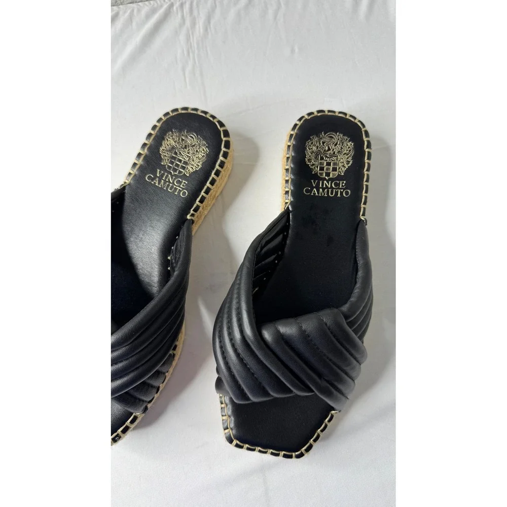 Vince Camuto Black Leather Quilted Twist Espadrille Platform Slide Sandals